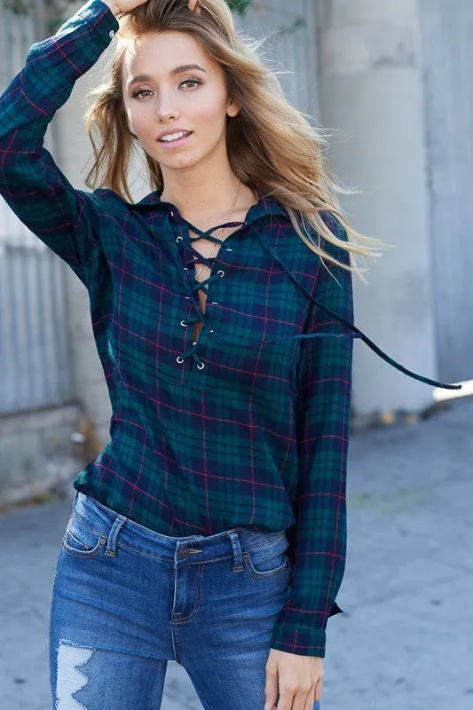 Olive Green Navy Lace Up Plaid Long Sleeve Blouse Top Tunic Hi Low Womens