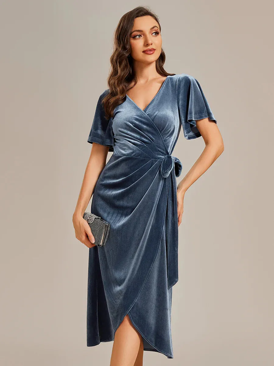 One-piece Type Velvet Tea Length Evening Dress