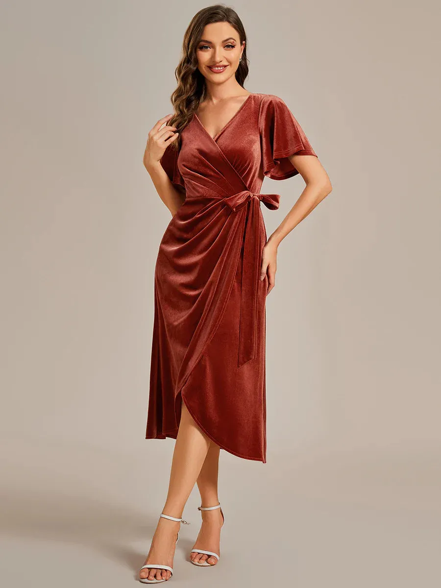 One-piece Type Velvet Tea Length Evening Dress