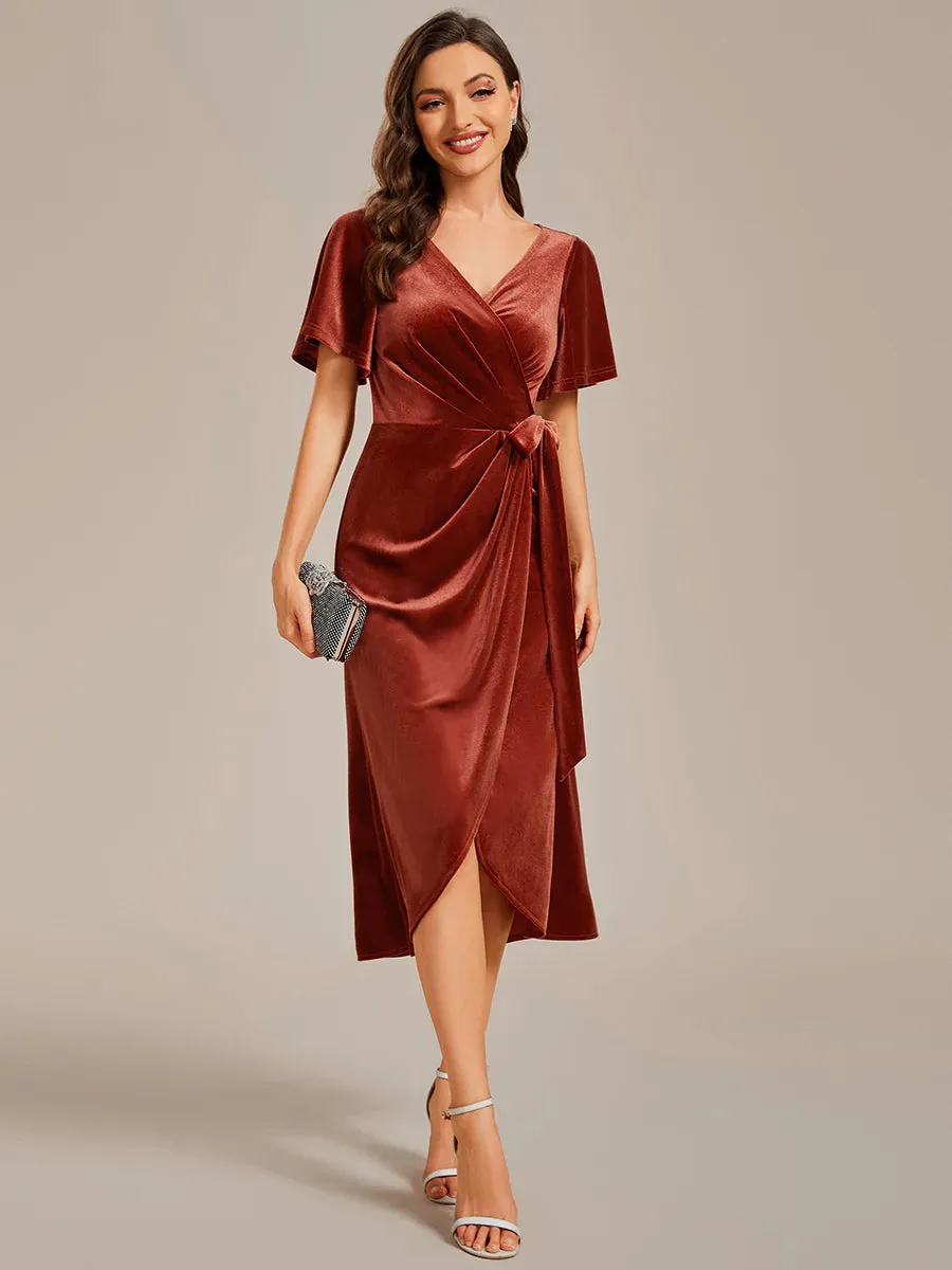 One-piece Type Velvet Tea Length Evening Dress