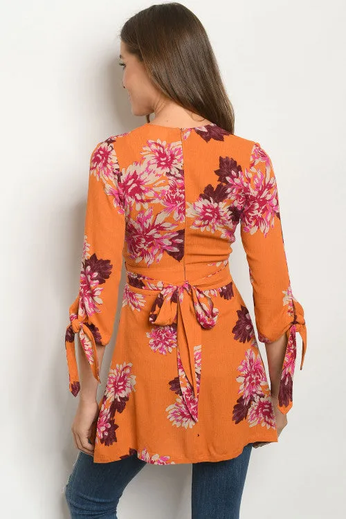 Orange Floral Tie Sleeve Tunic Top