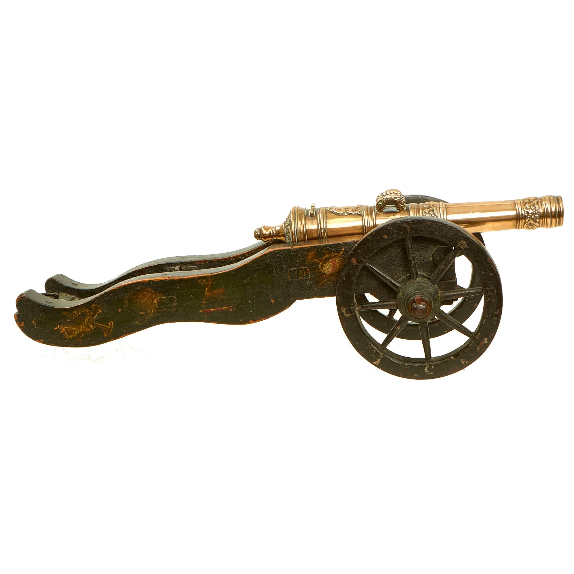 Original Exquisite 17th century Dutch Bronze Signal Cannon on Ornately Painted Wooden Field Carriage