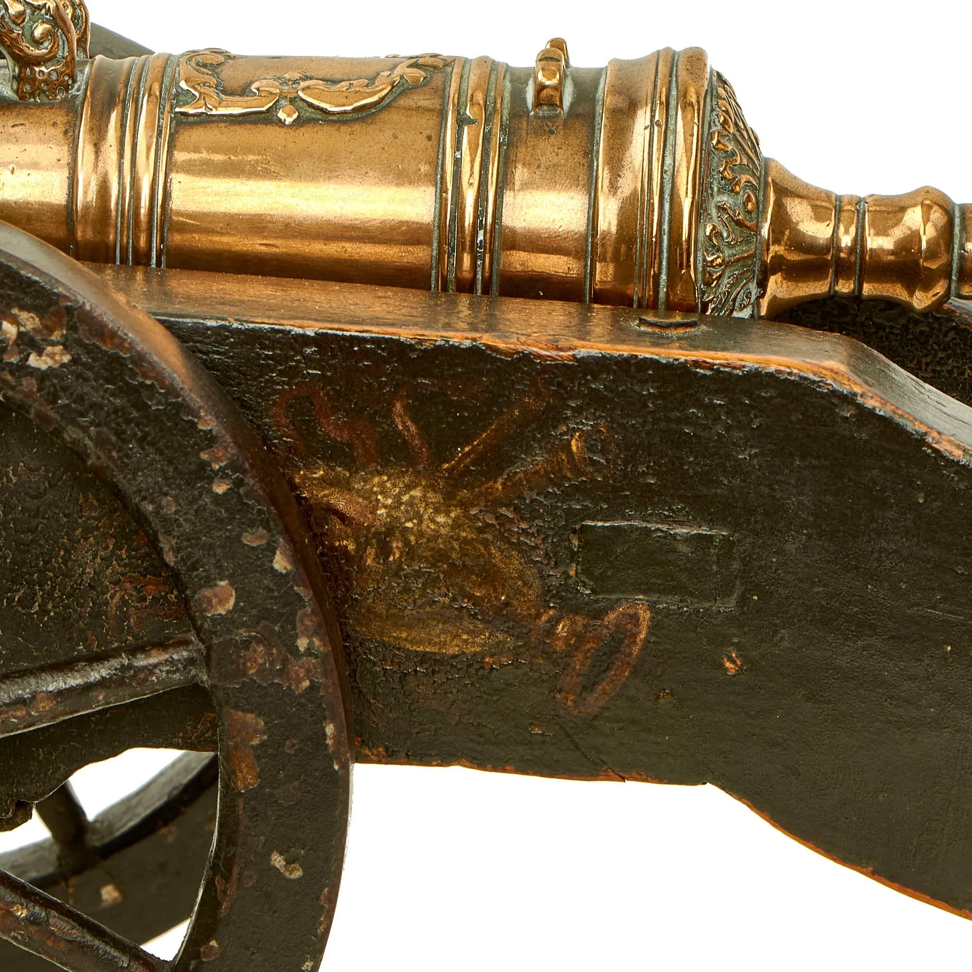 Original Exquisite 17th century Dutch Bronze Signal Cannon on Ornately Painted Wooden Field Carriage