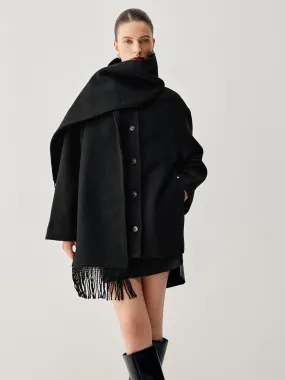 Oversized Button-down Wool Coat Modern with Matching Fringed Scarf