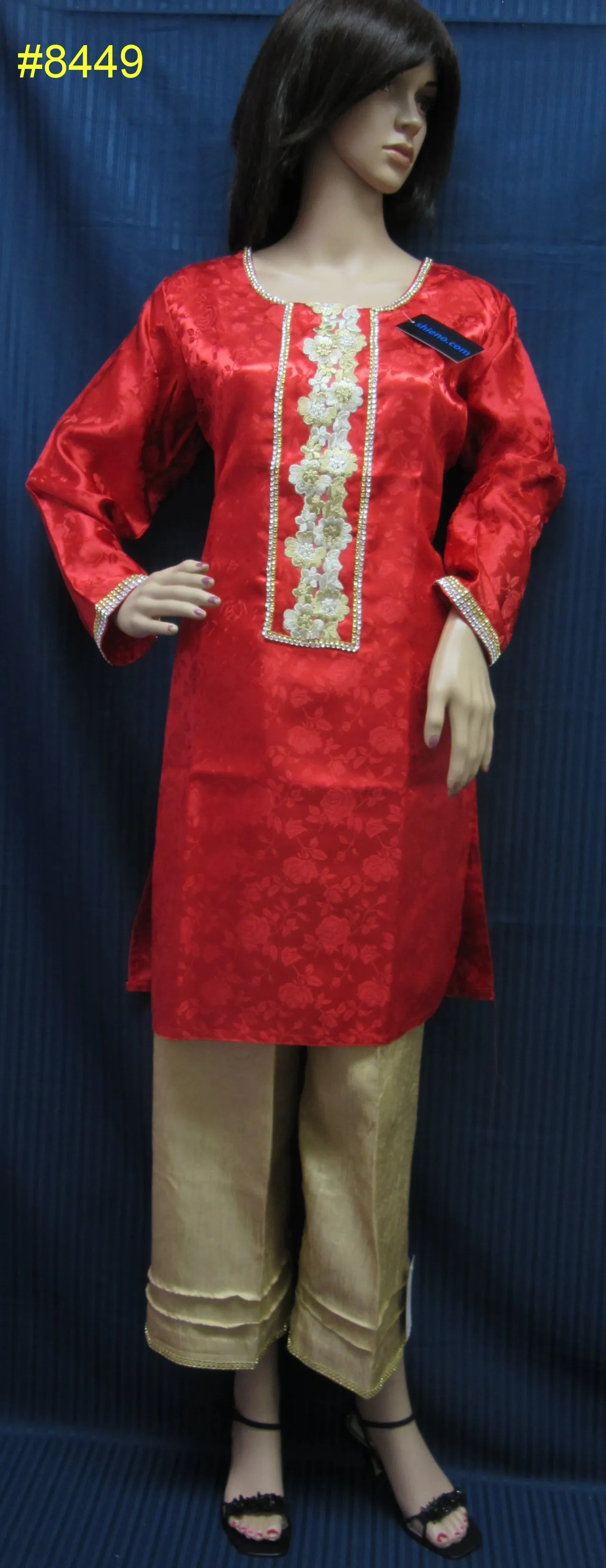 Palazzo 8449 Red Shanghai Kameez Gold Crushed Silk Palazzo 2 pieces Suit