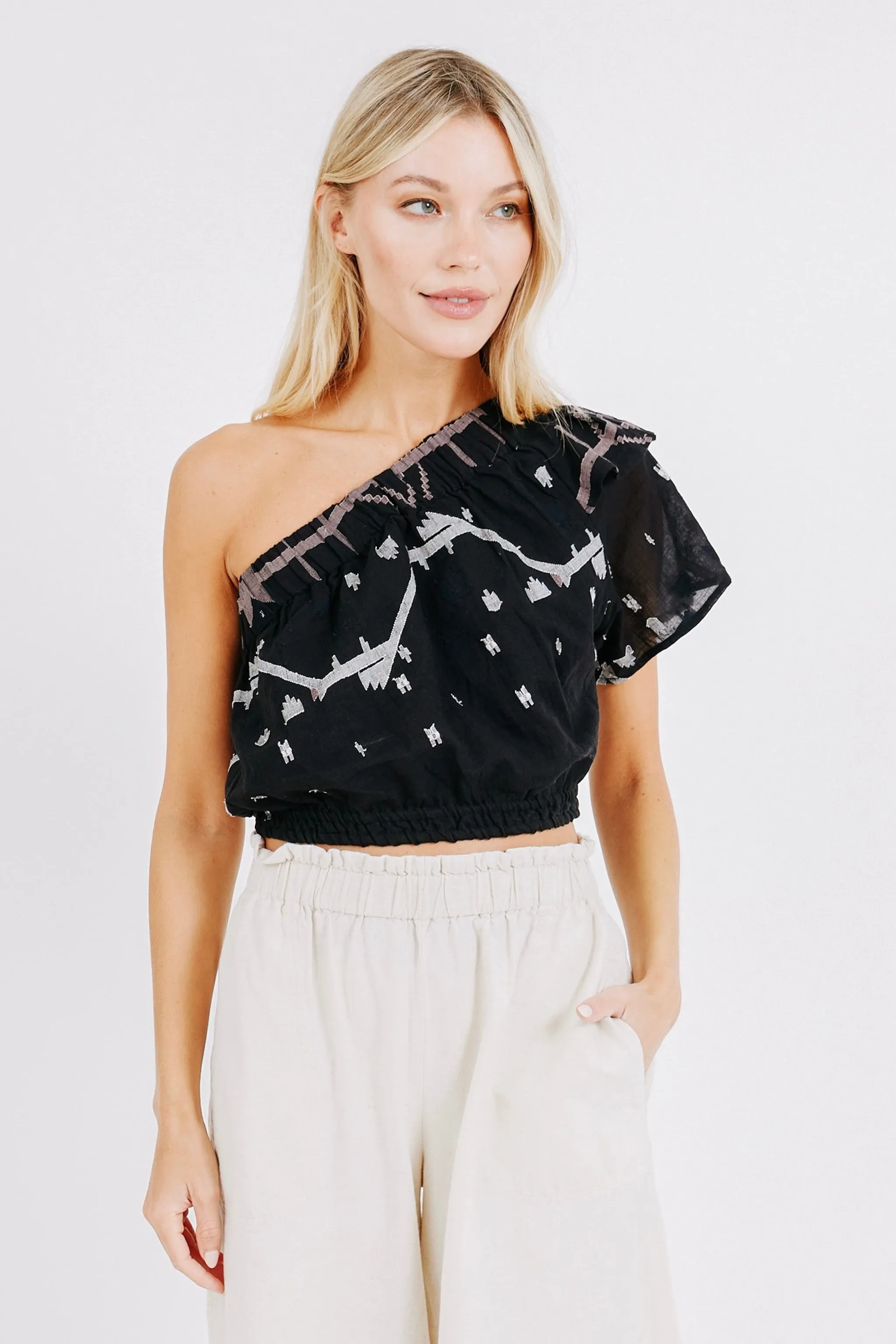 Paros Crop One Shoulder Top in Black Carnival Jamdani