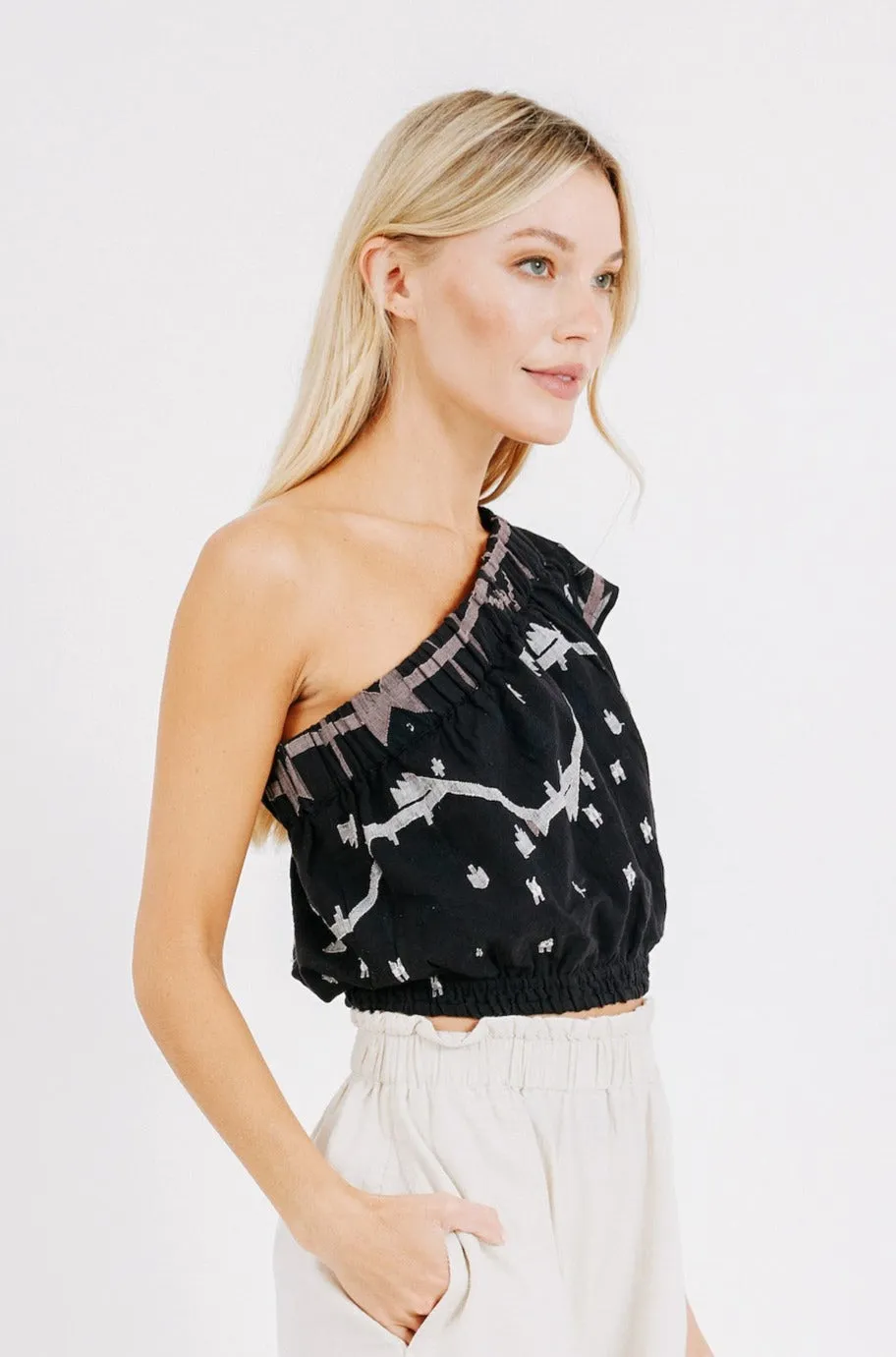 Paros Crop One Shoulder Top in Black Carnival Jamdani