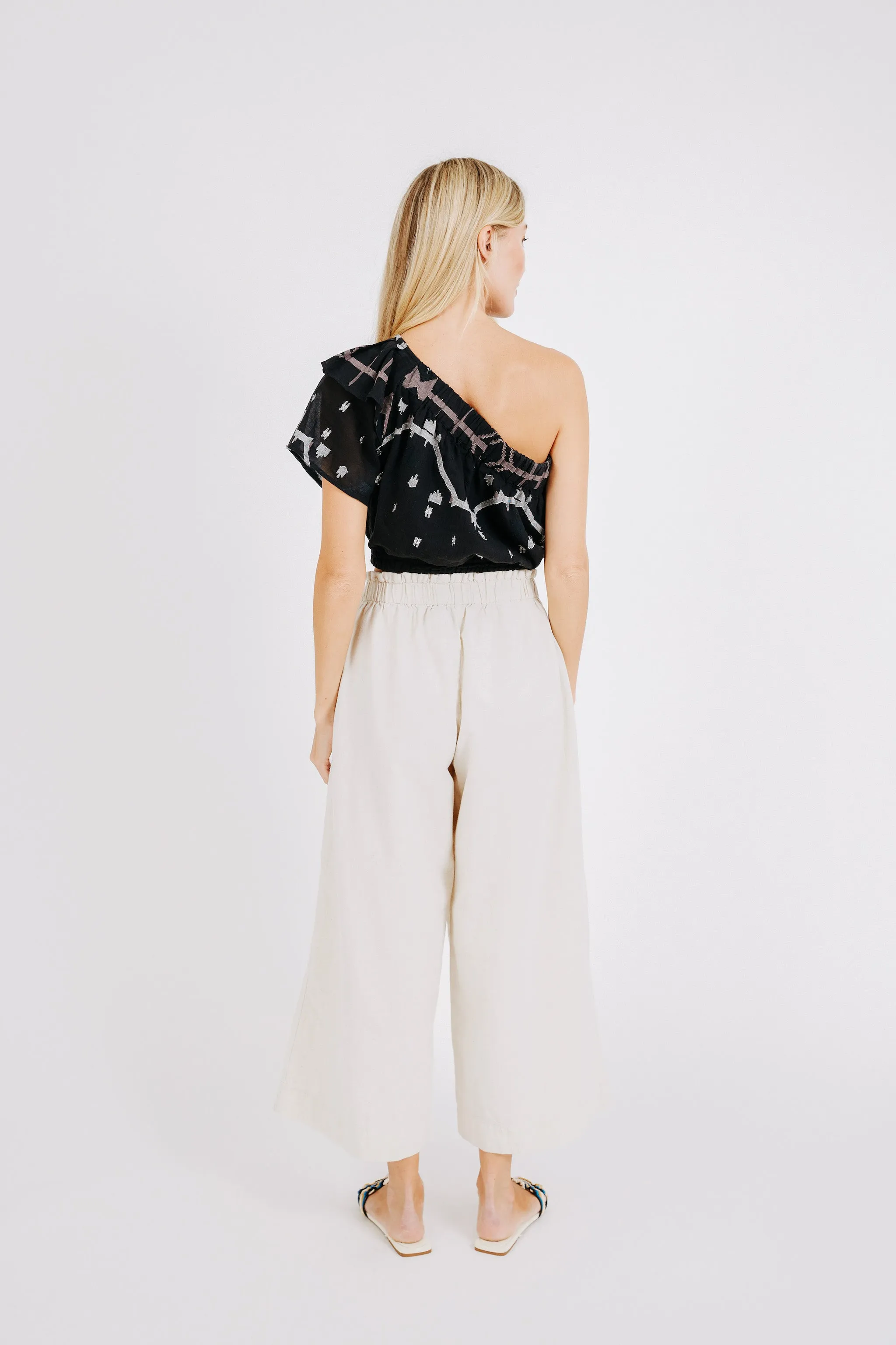 Paros Crop One Shoulder Top in Black Carnival Jamdani