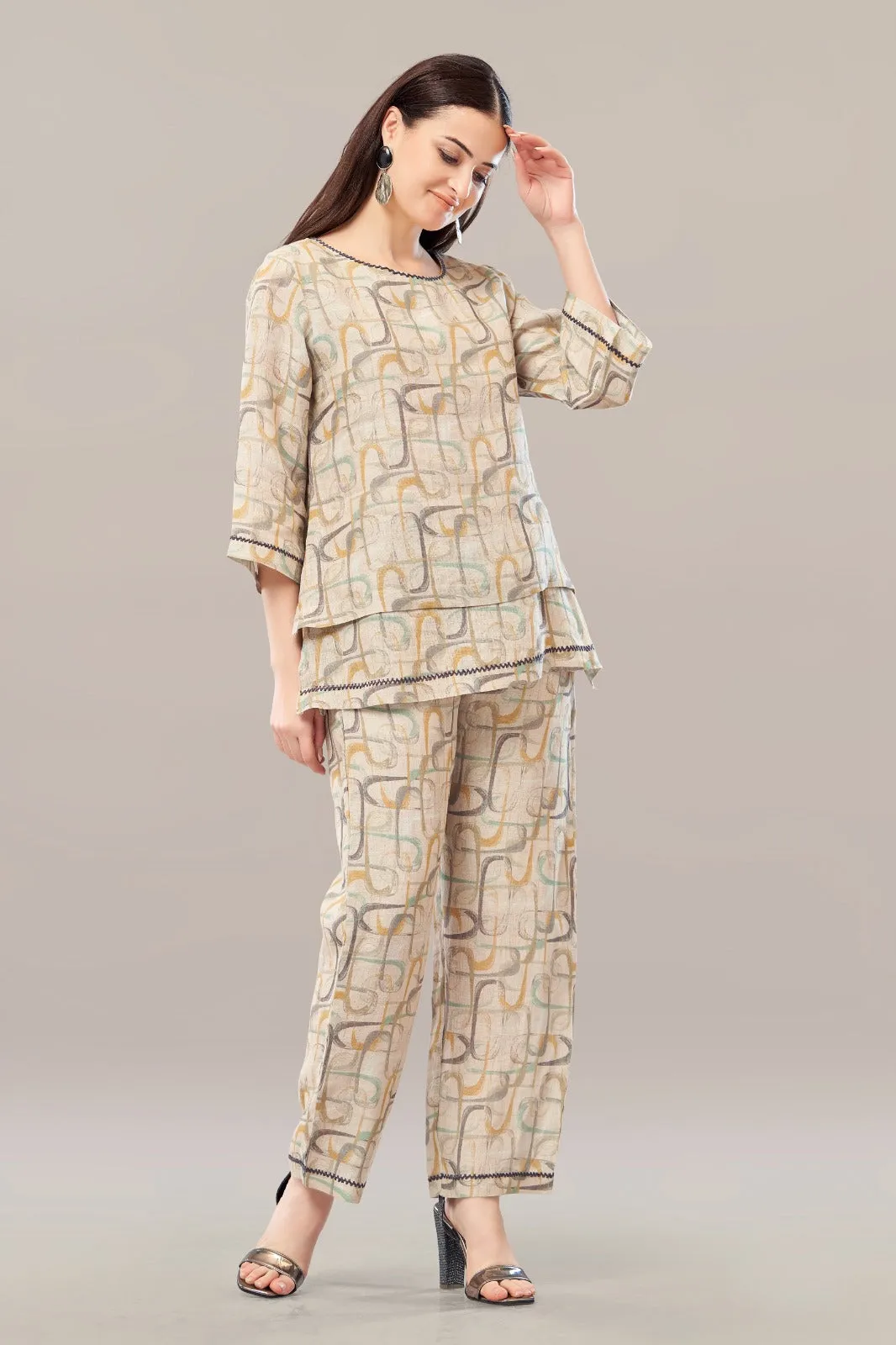 Pastel Ivory Digital Printed German Linen Co-Ord Set