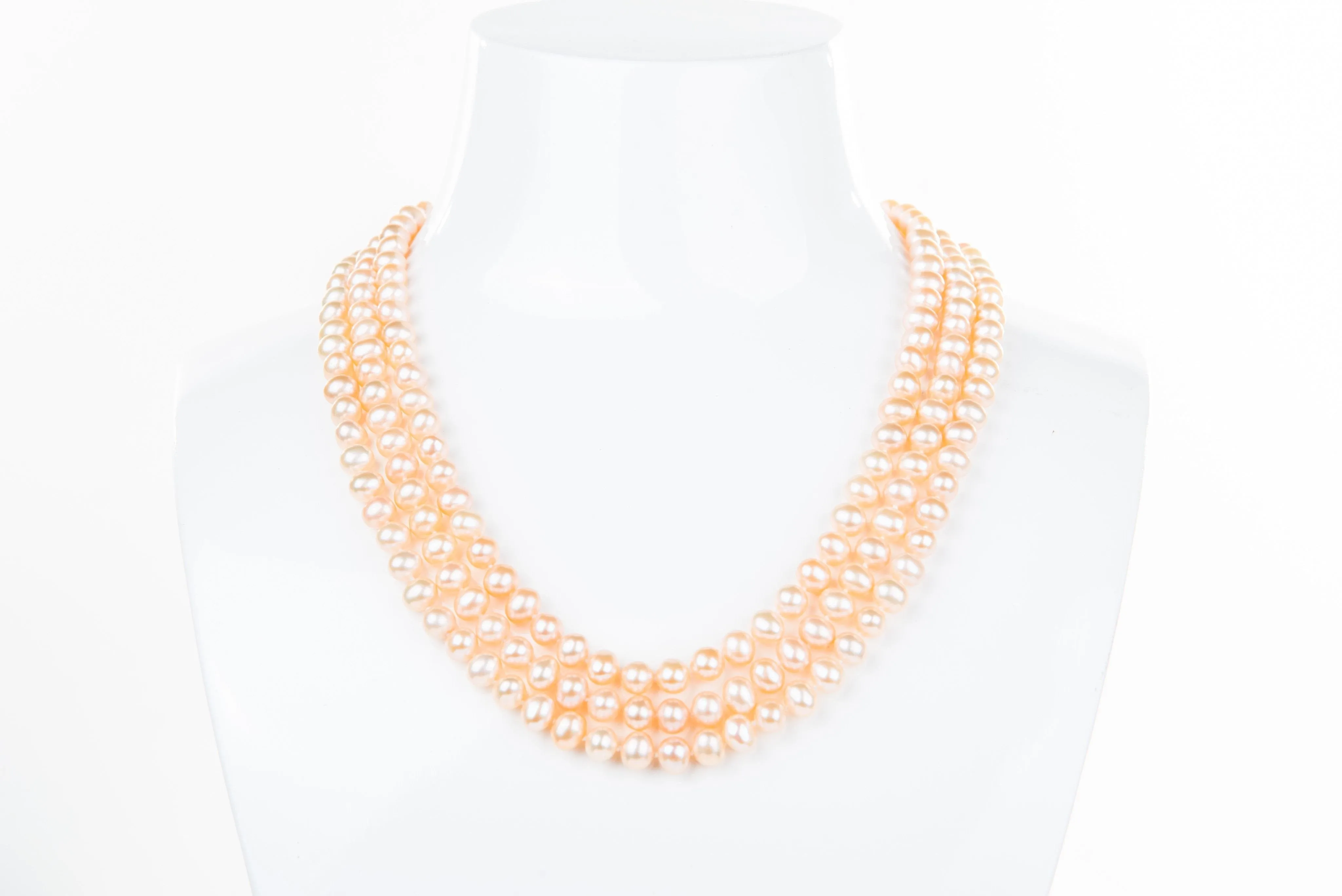 Peach Triple Strand Layer Freshwater Pearl Necklace 6-7mm