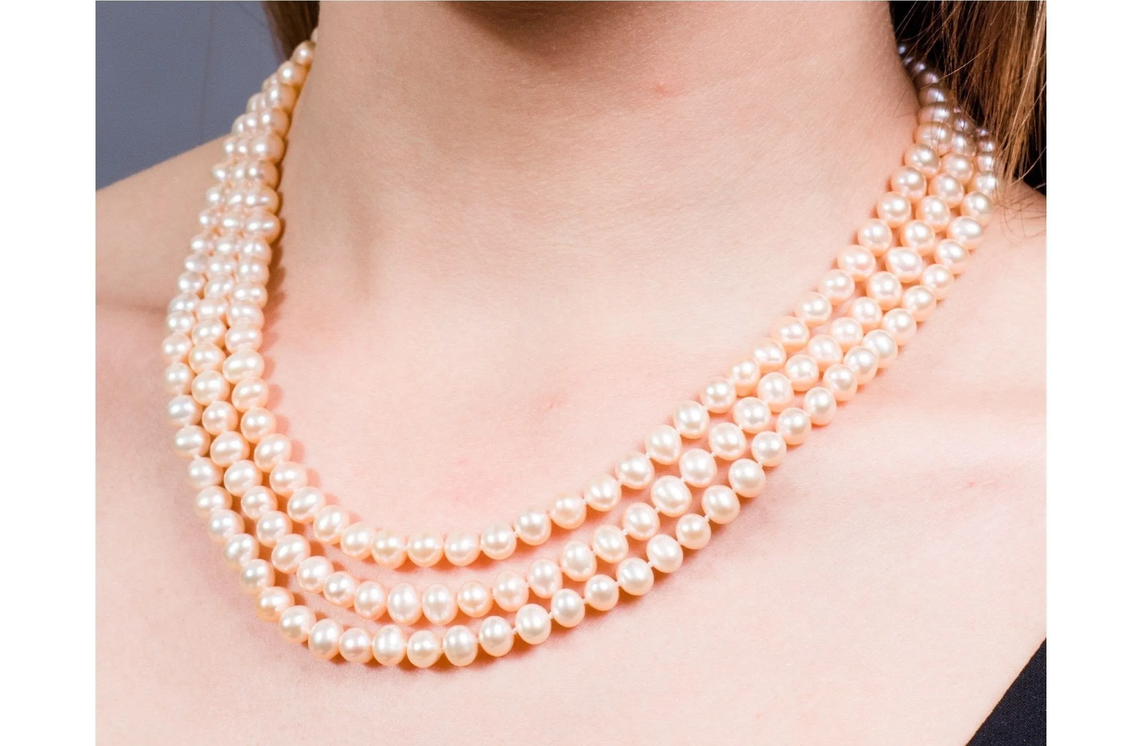 Peach Triple Strand Layer Freshwater Pearl Necklace 6-7mm