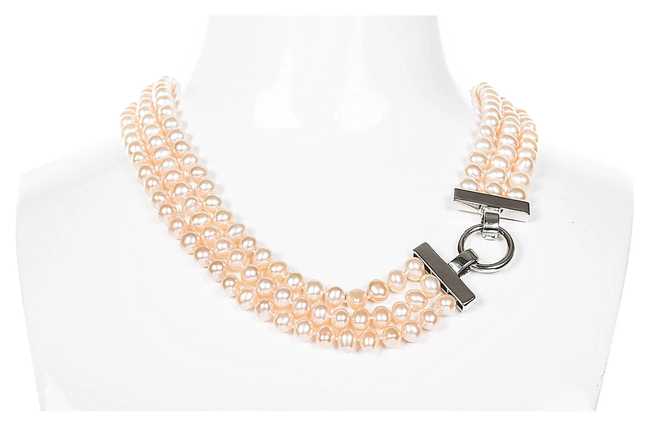 Peach Triple Strand Layer Freshwater Pearl Necklace 6-7mm