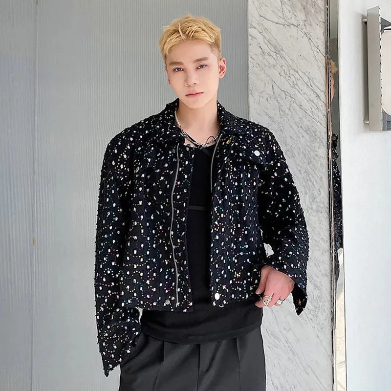 Personality Embroidery Sequin Short Men's Jacket Trend Korean Lapel Autumn Casual Turn-down Collar Coat 9A1711