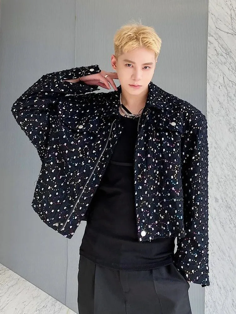 Personality Embroidery Sequin Short Men's Jacket Trend Korean Lapel Autumn Casual Turn-down Collar Coat 9A1711