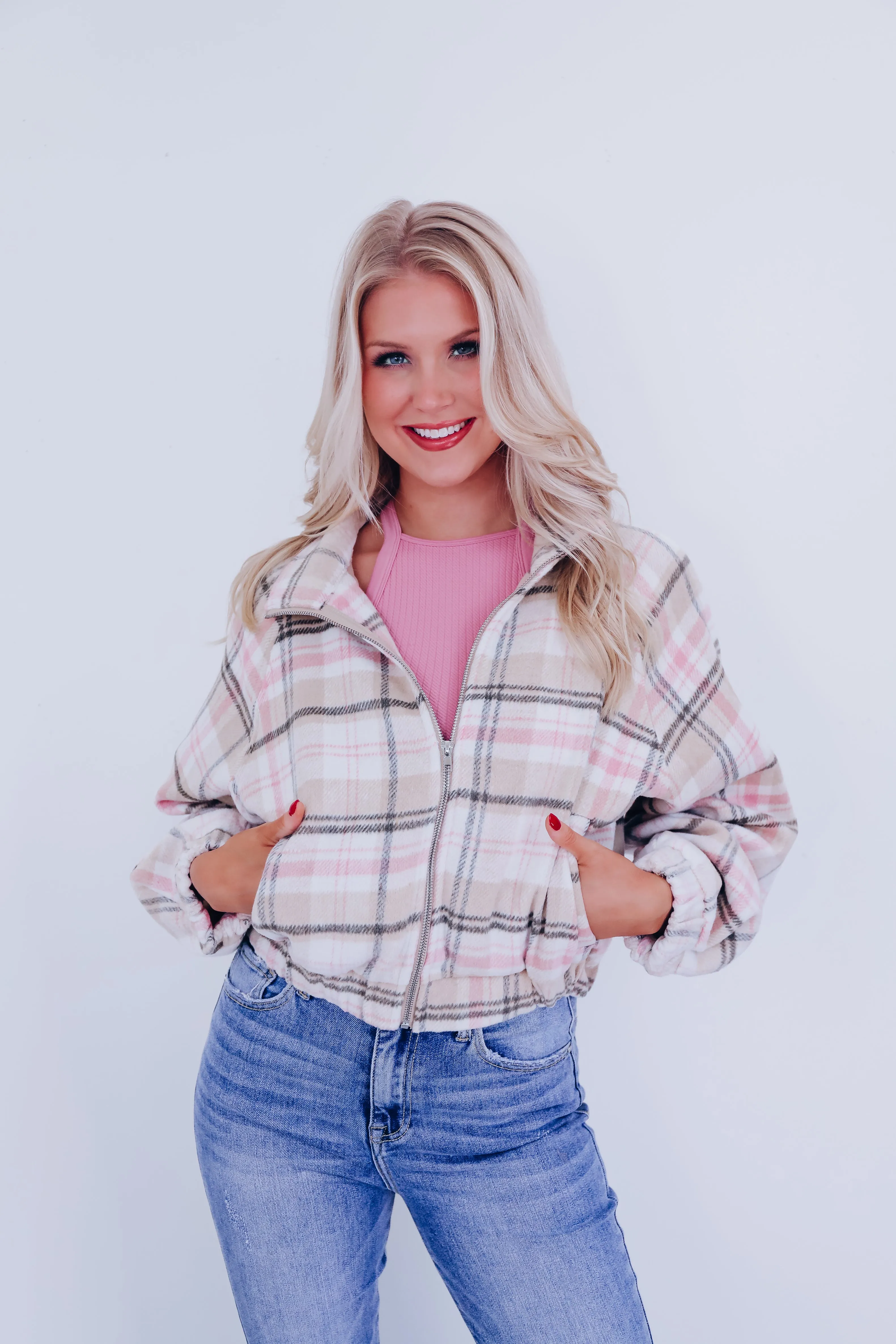 Pia Plaid Raglan Sleeve Cropped Jacket - Pink Multi