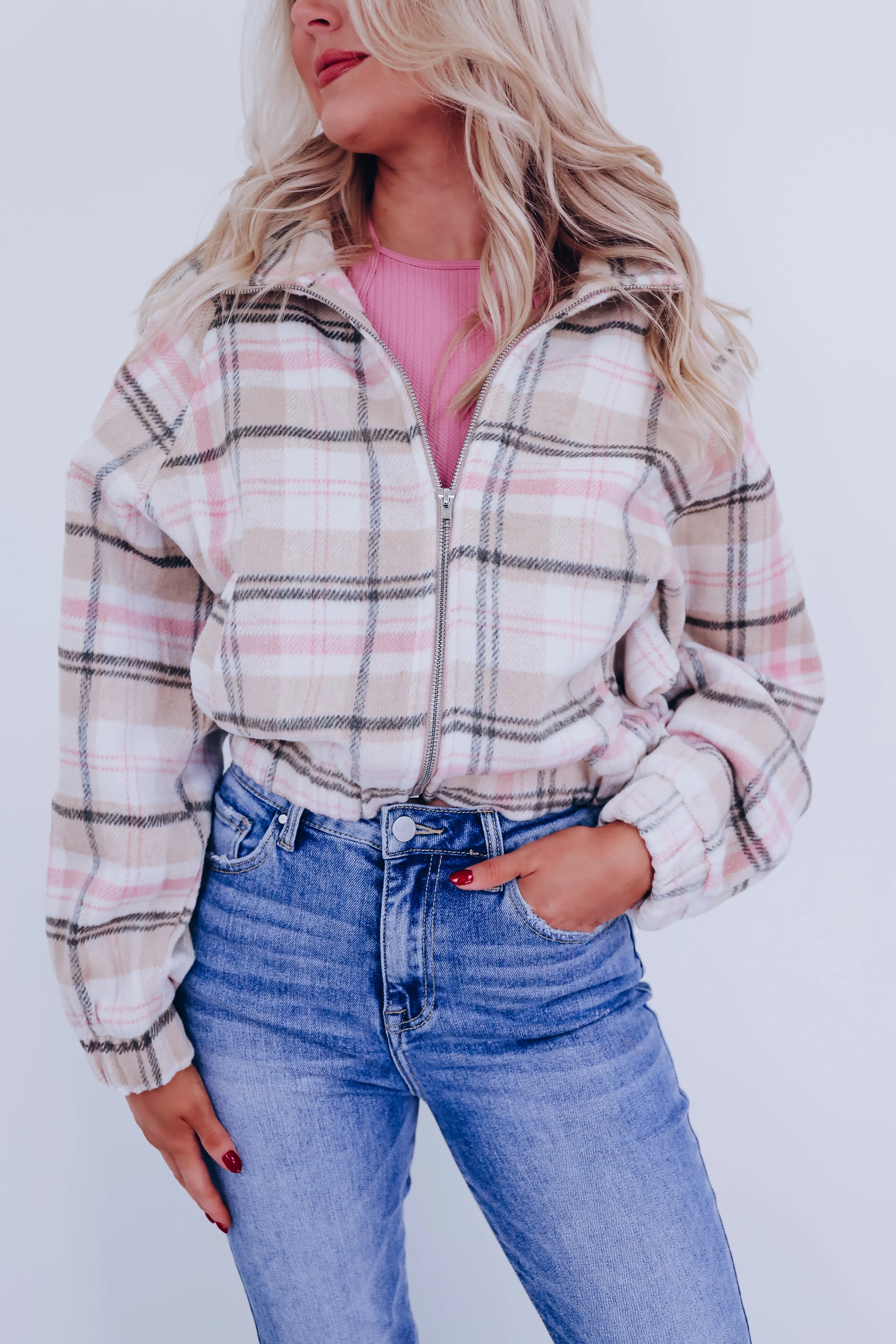 Pia Plaid Raglan Sleeve Cropped Jacket - Pink Multi