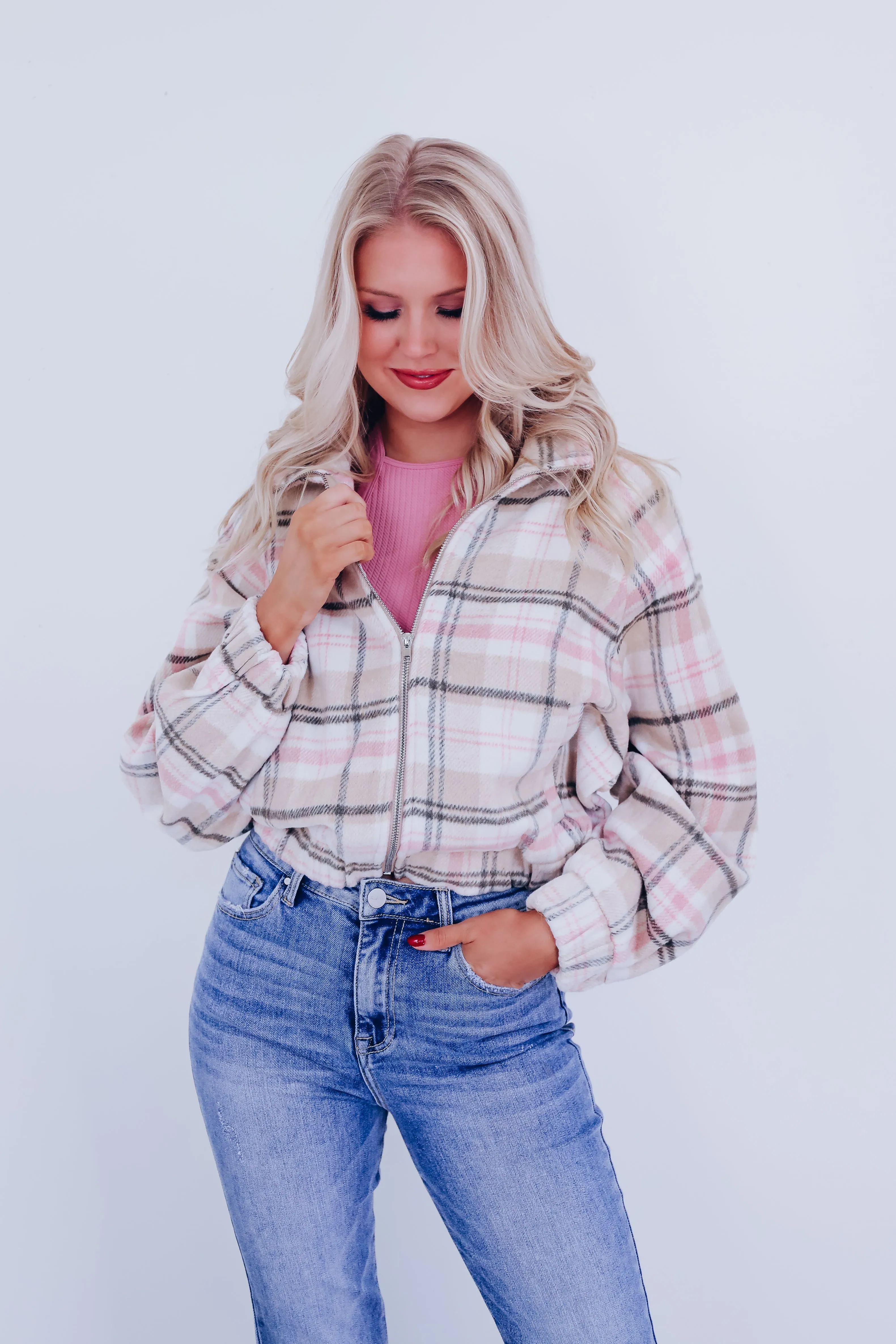 Pia Plaid Raglan Sleeve Cropped Jacket - Pink Multi