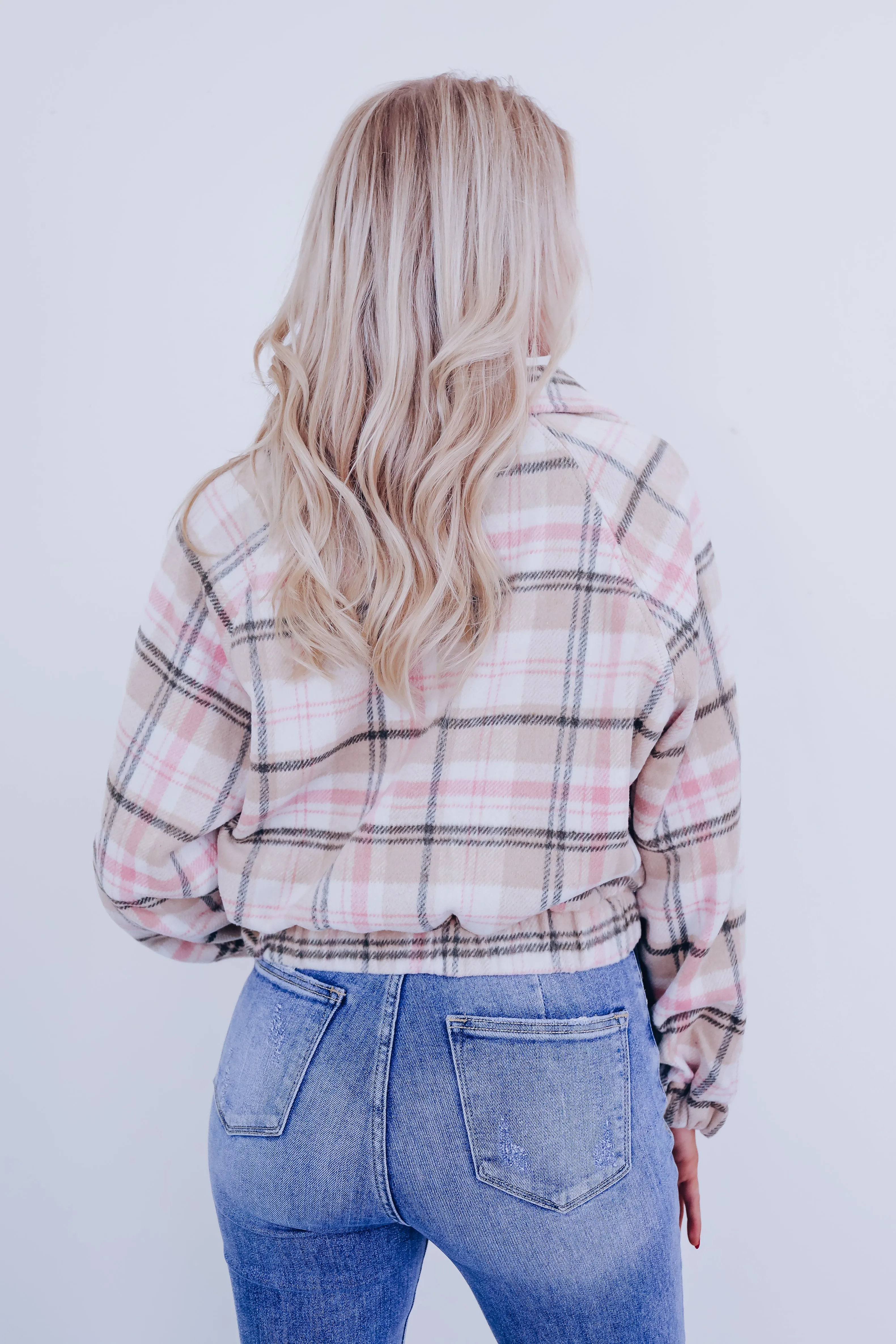 Pia Plaid Raglan Sleeve Cropped Jacket - Pink Multi