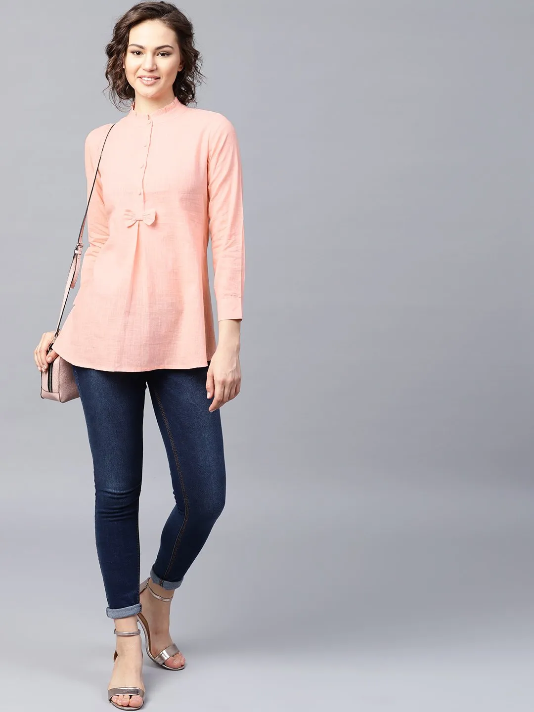 Pink Full Sleeve Cotton Slub A-Line Tunic