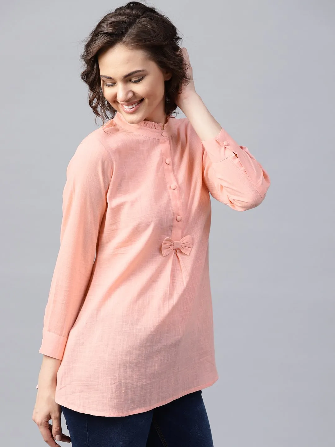 Pink Full Sleeve Cotton Slub A-Line Tunic