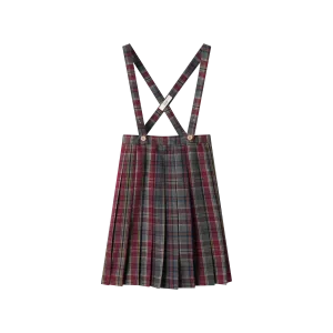 PLAID PLEATED SUSPENDER SKIRT-BURGUNDY PLAID