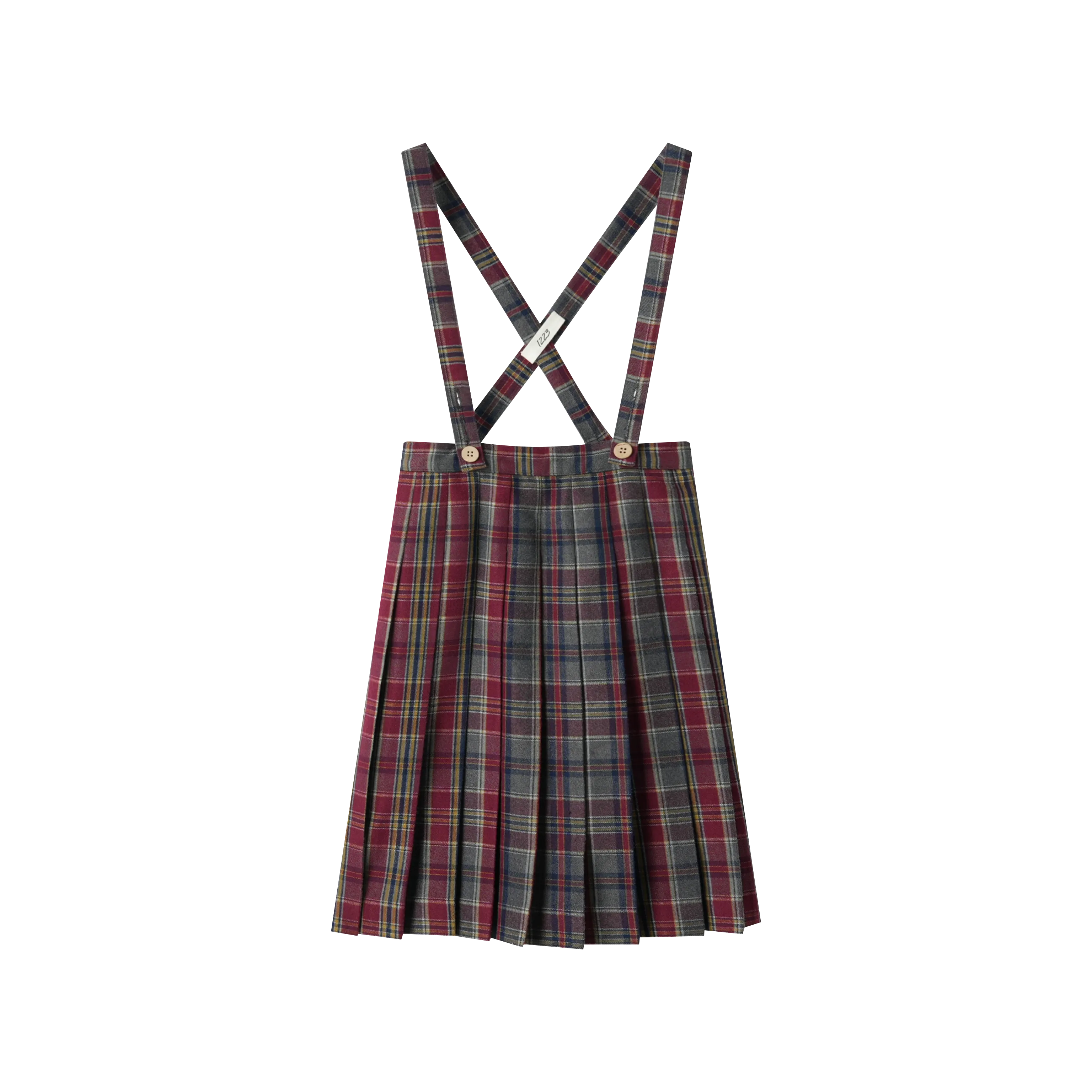 PLAID PLEATED SUSPENDER SKIRT-BURGUNDY PLAID