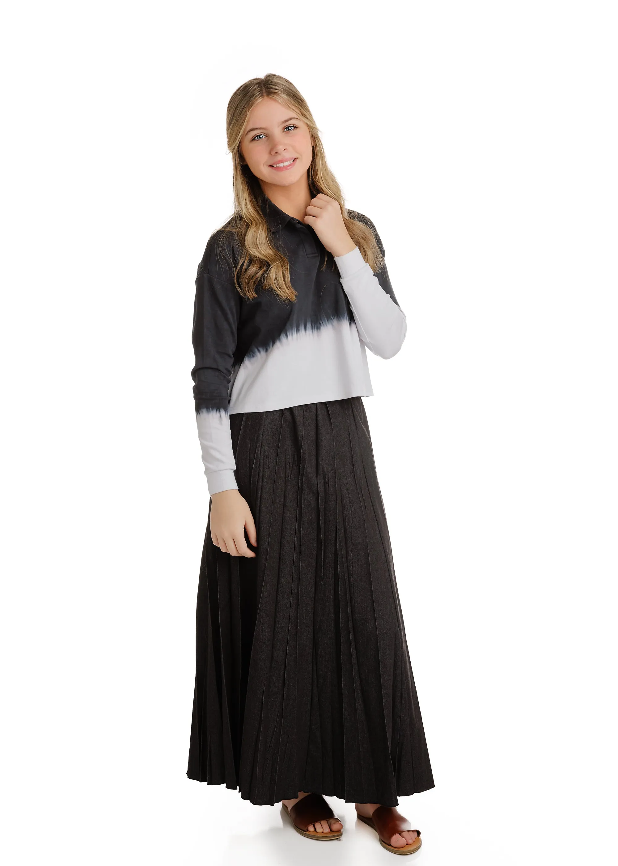 Pleated Black Denim Midi Skirt