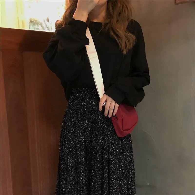 Pleated Long Black Brown High Waist Skirt