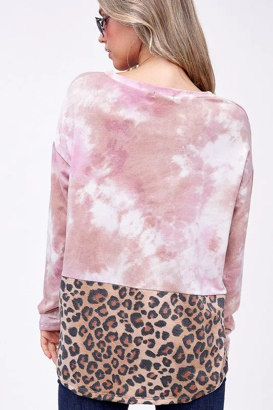 Plus Cloud Tie Dye Cheetah Mix Pullover Top