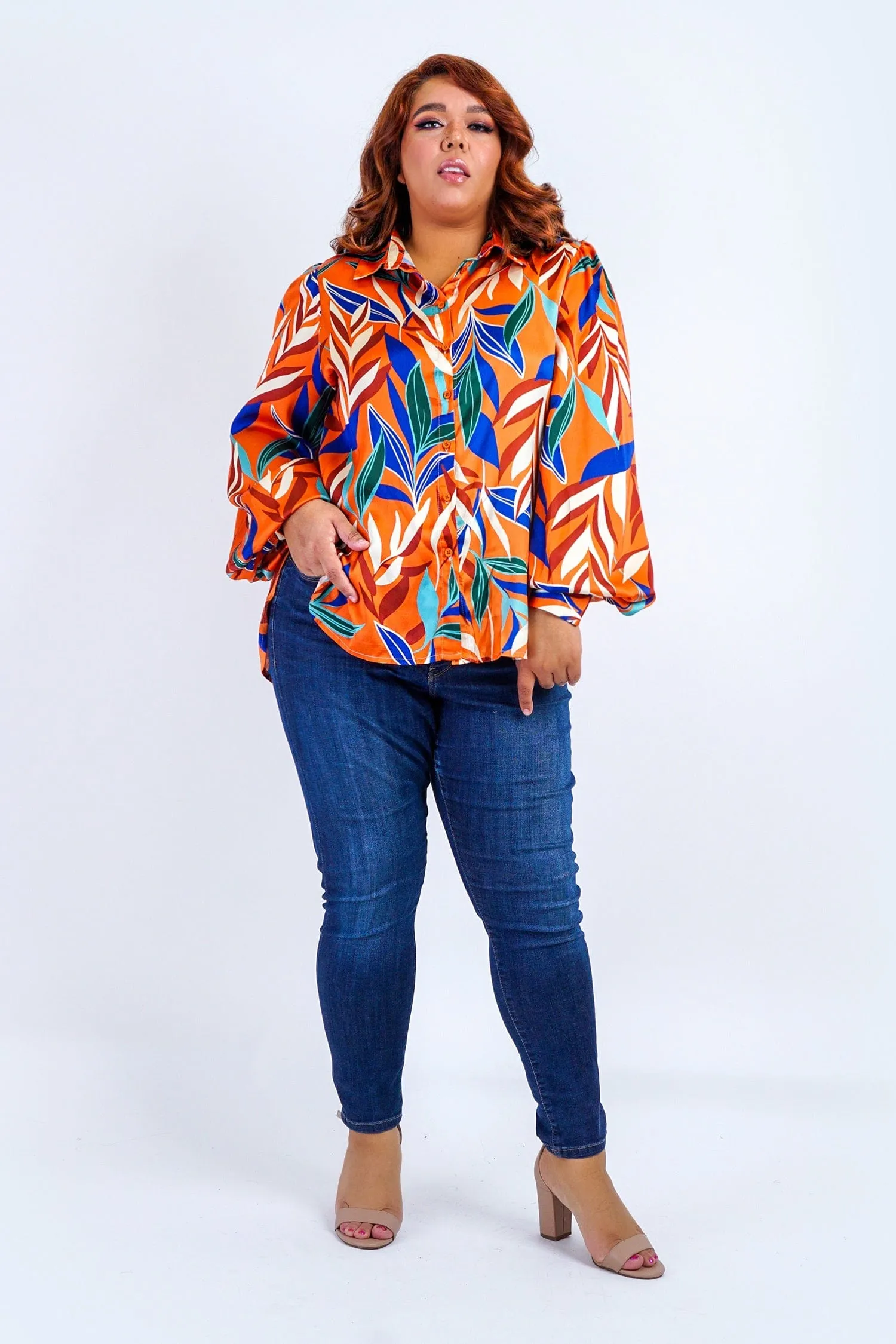 Plus Rust Multicolor Leaf Print Satin L/S Top