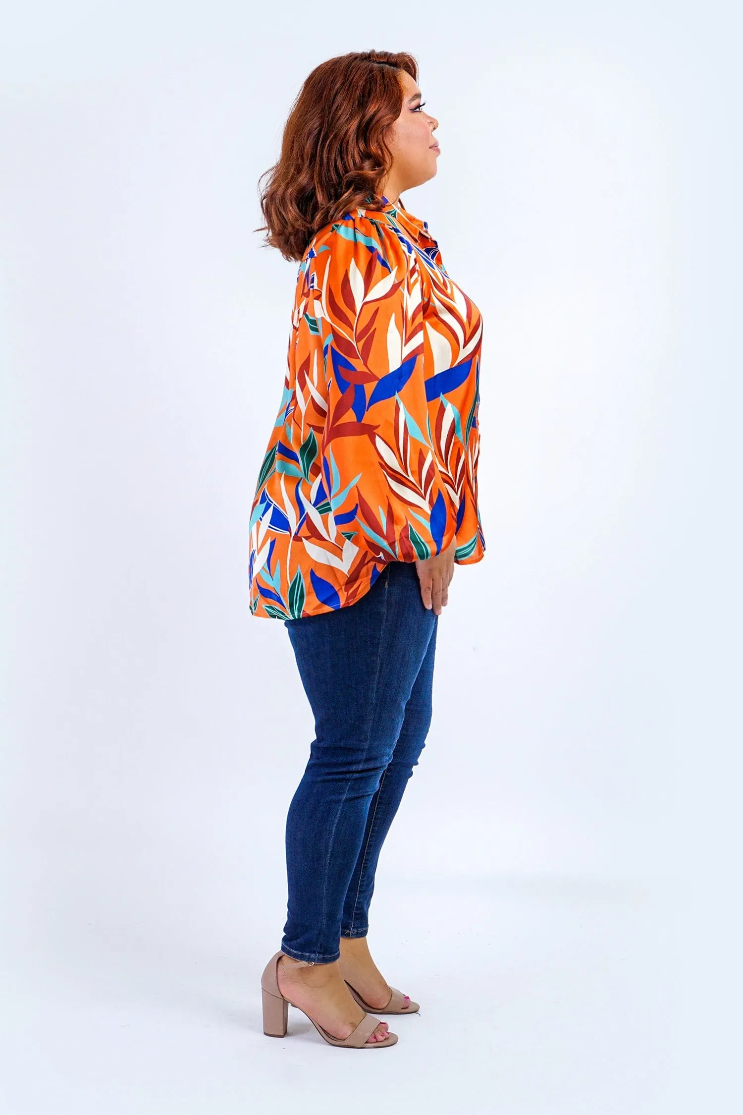 Plus Rust Multicolor Leaf Print Satin L/S Top