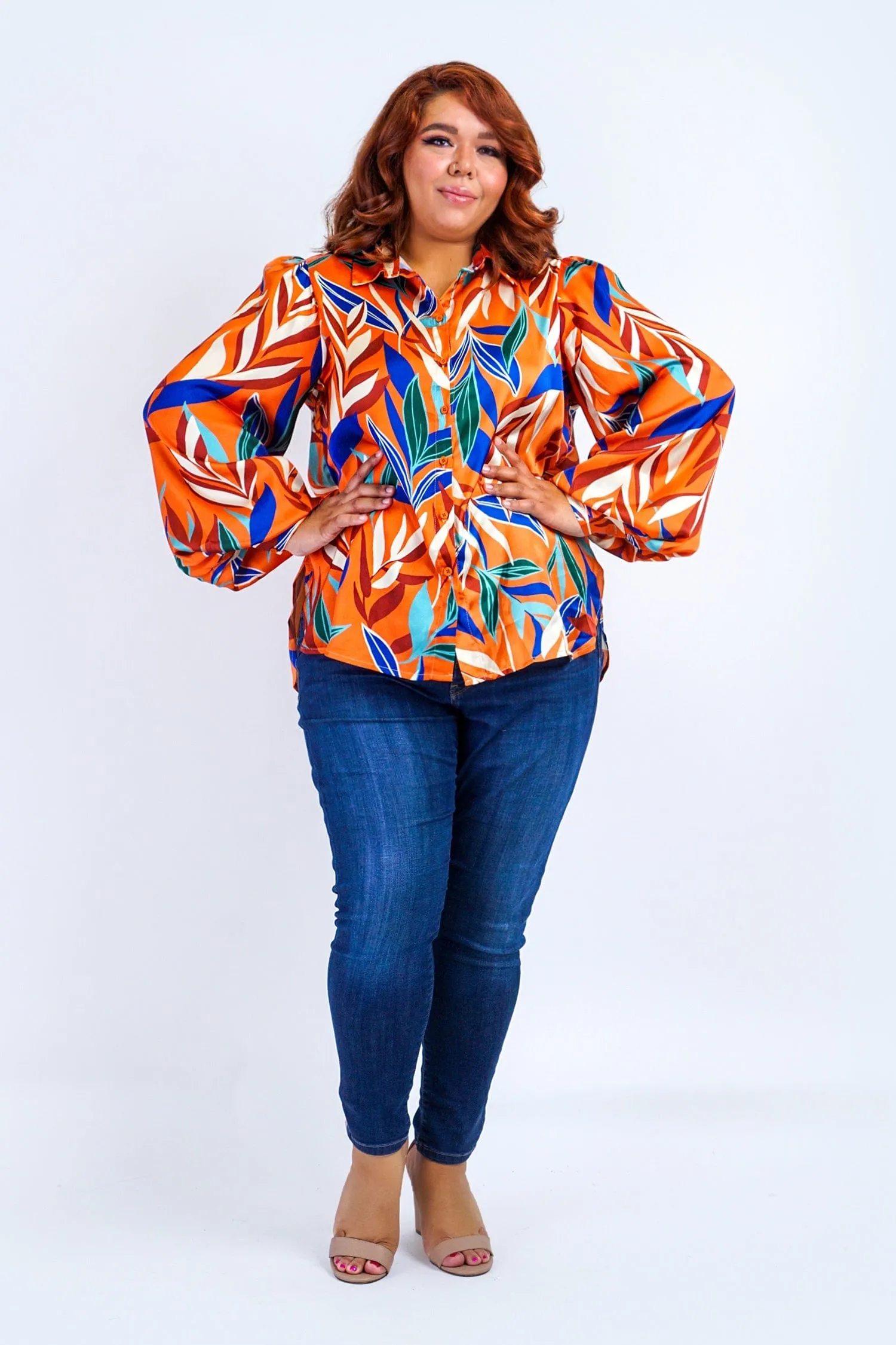 Plus Rust Multicolor Leaf Print Satin L/S Top