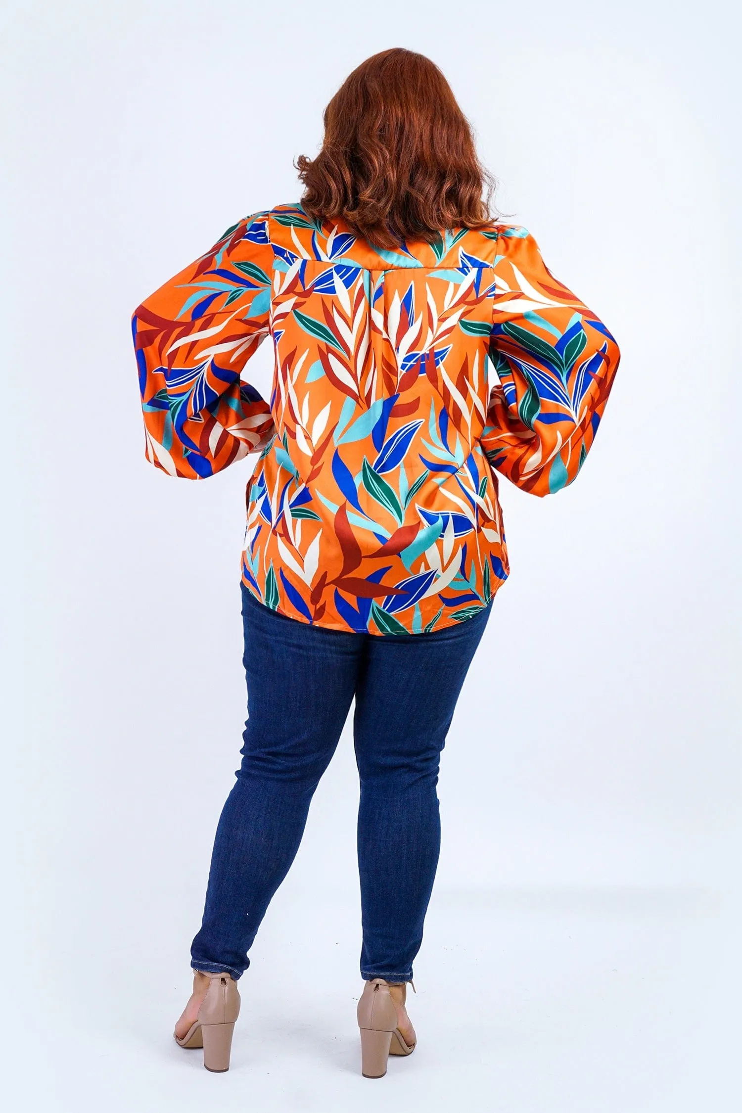 Plus Rust Multicolor Leaf Print Satin L/S Top