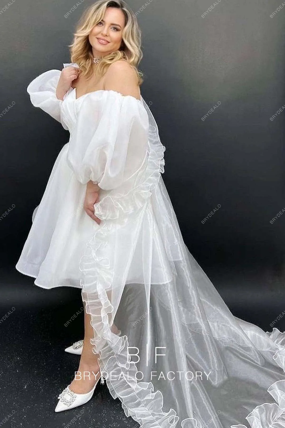 Plus Size Organza Cute Off Shoulder Casual Knee Length Wedding Dress