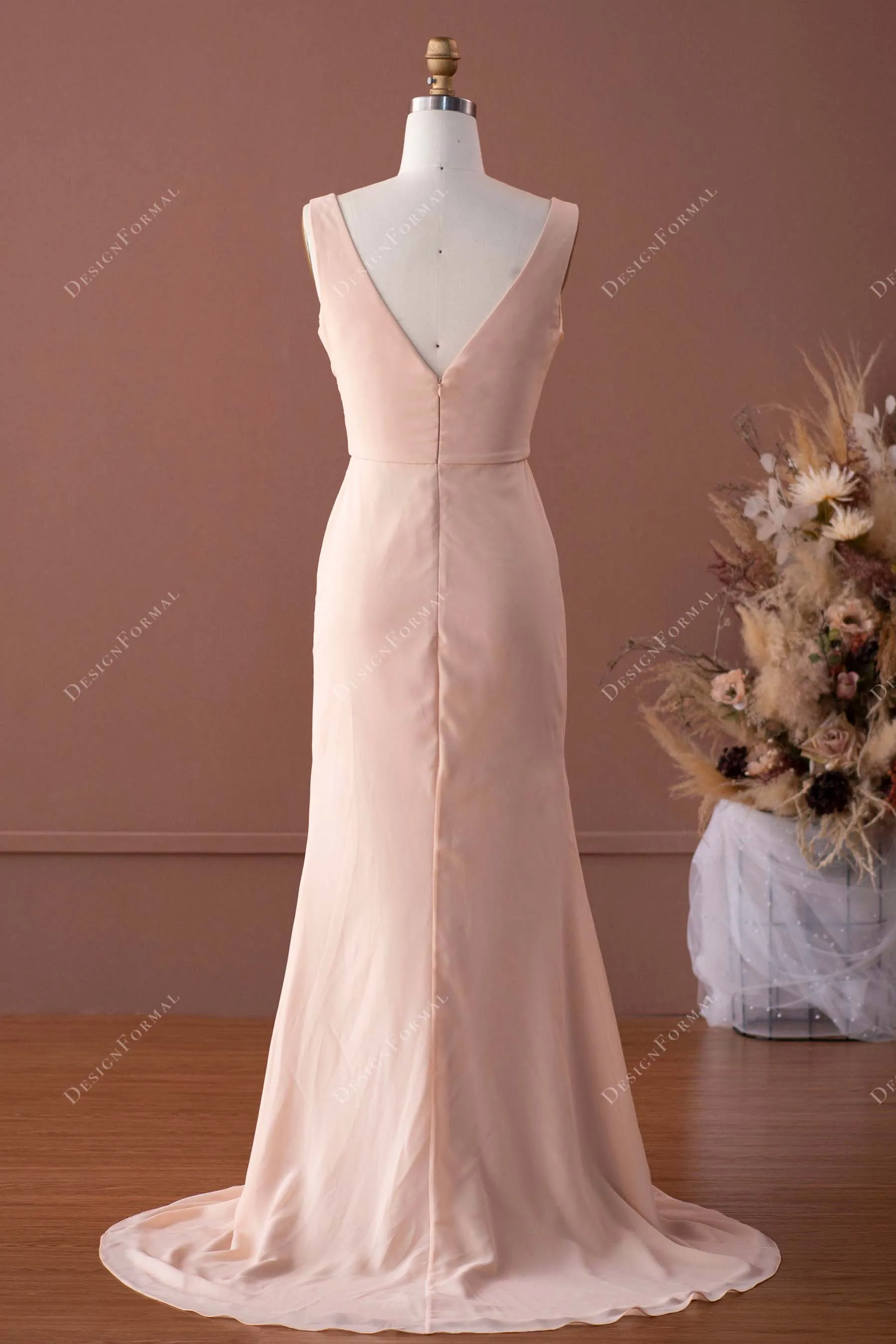 Plus size Peach Ruched Chiffon Wrap Sexy Slit Mermaid Formal Dress