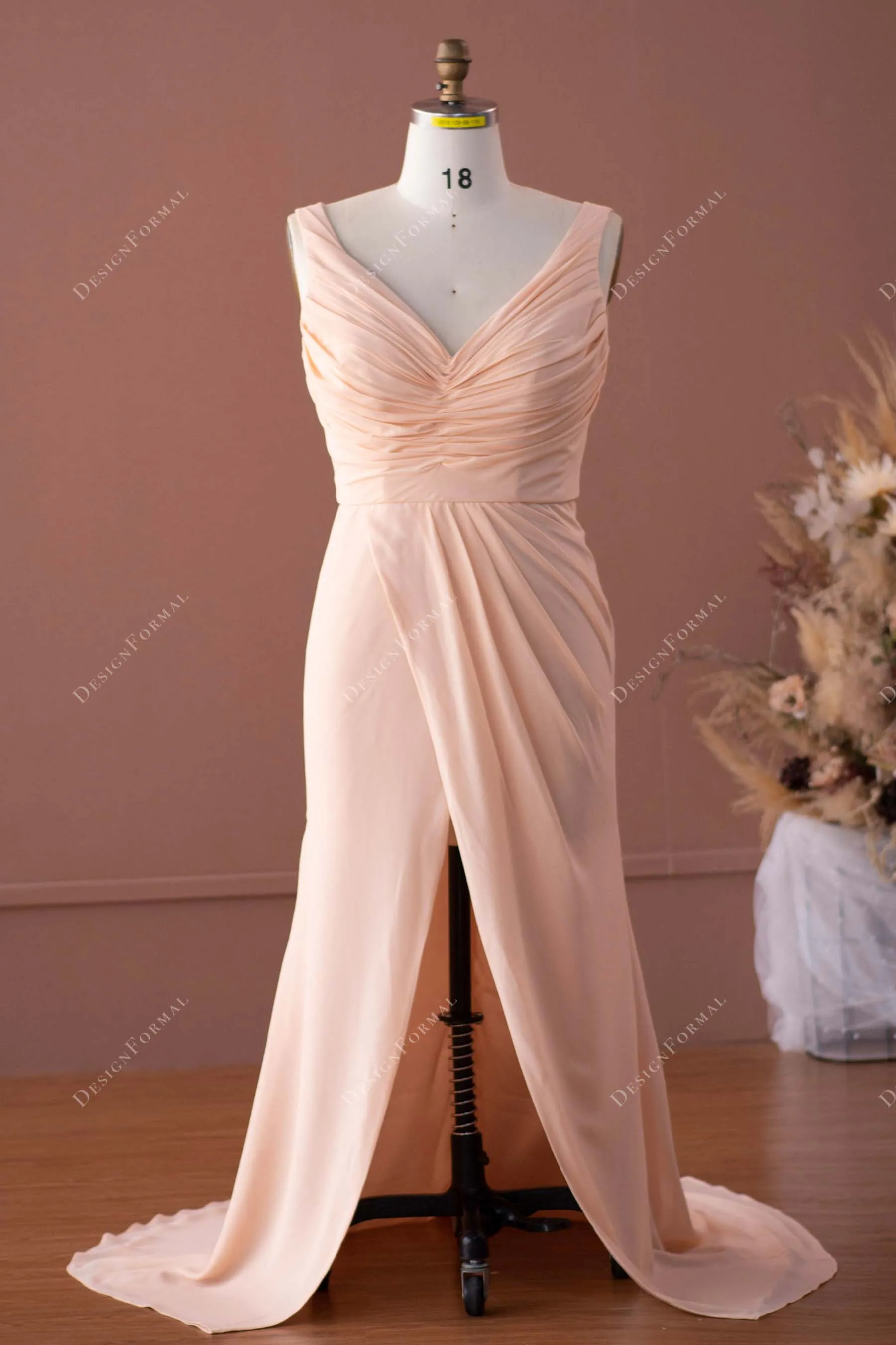 Plus size Peach Ruched Chiffon Wrap Sexy Slit Mermaid Formal Dress