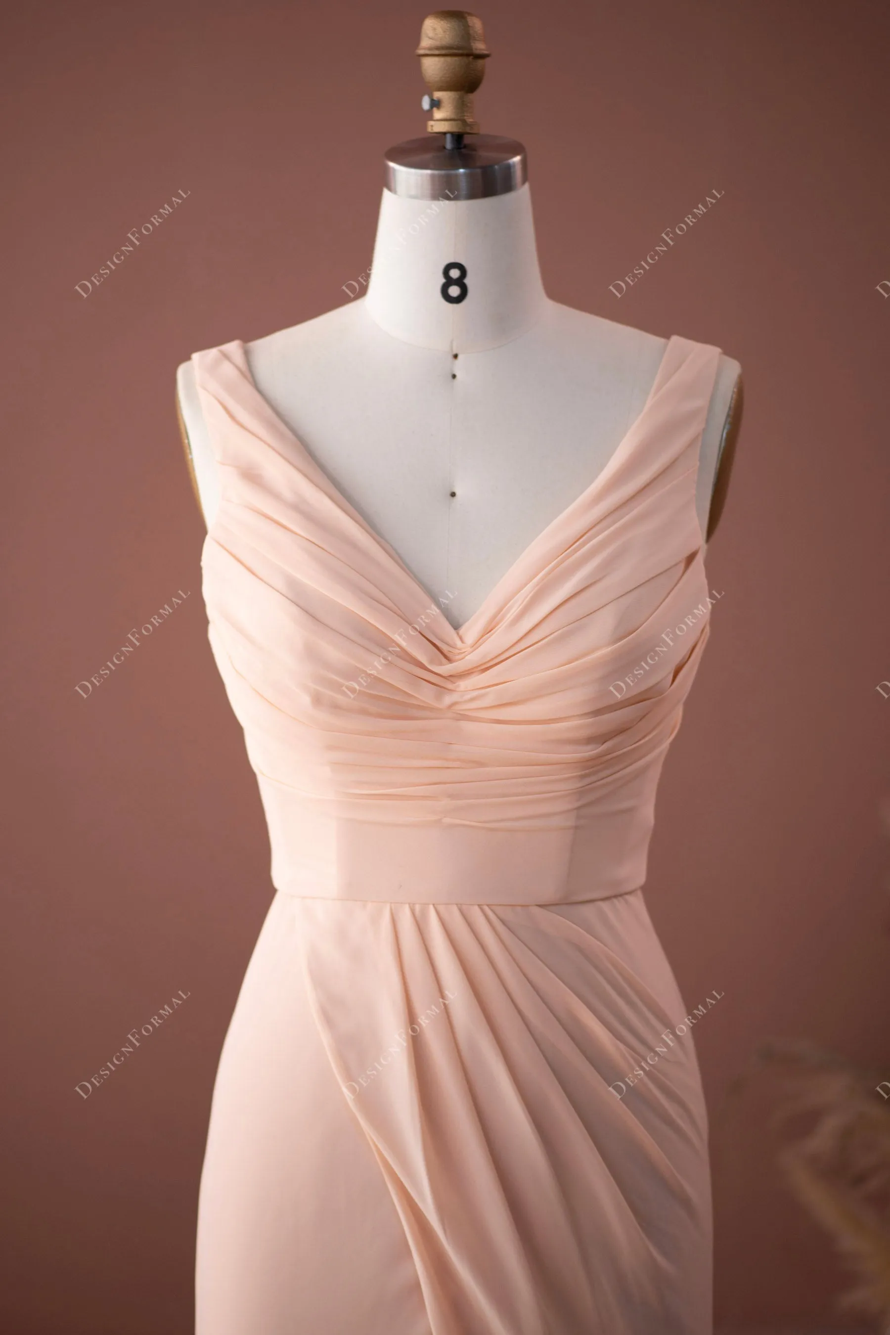 Plus size Peach Ruched Chiffon Wrap Sexy Slit Mermaid Formal Dress