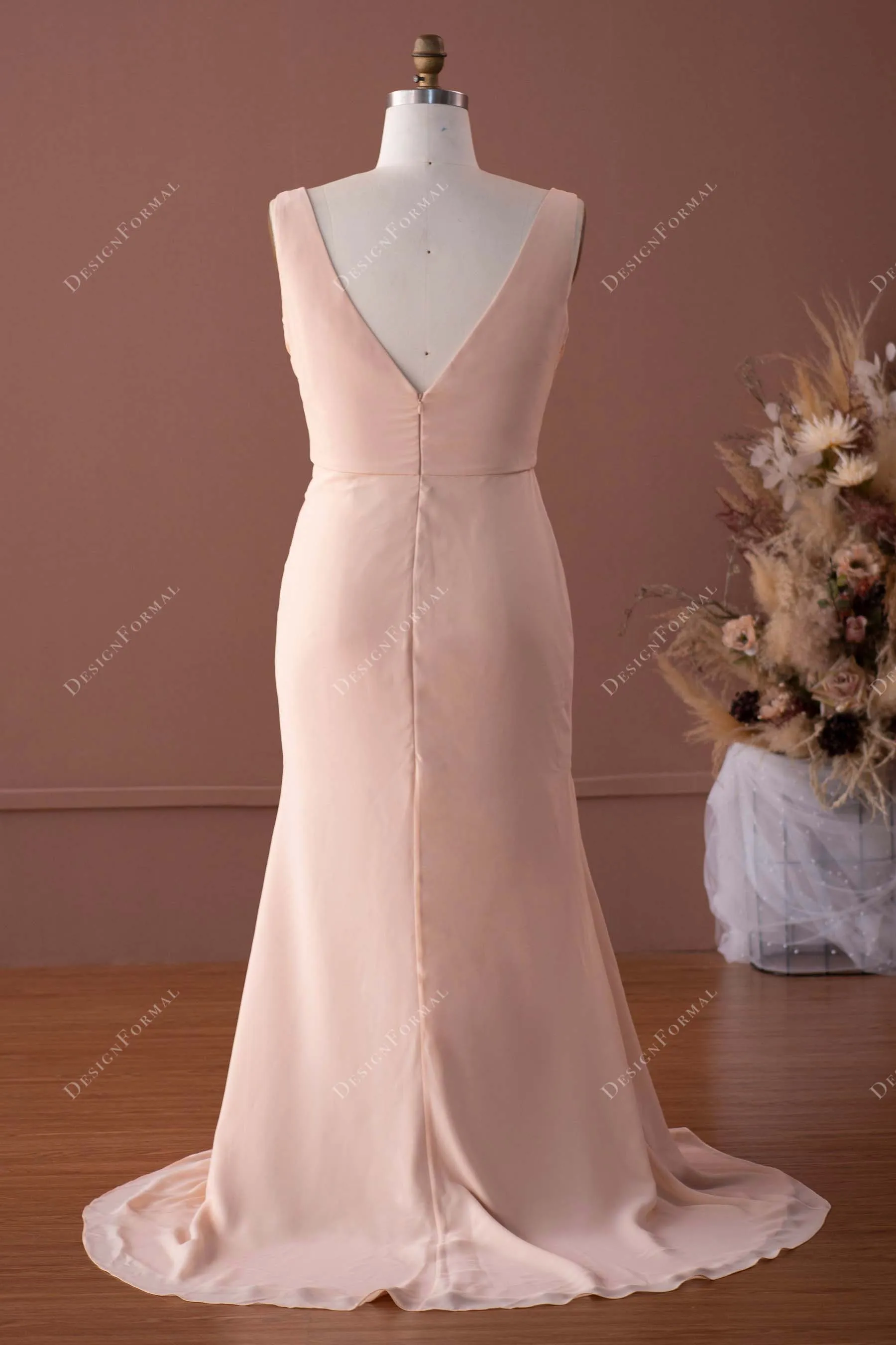 Plus size Peach Ruched Chiffon Wrap Sexy Slit Mermaid Formal Dress