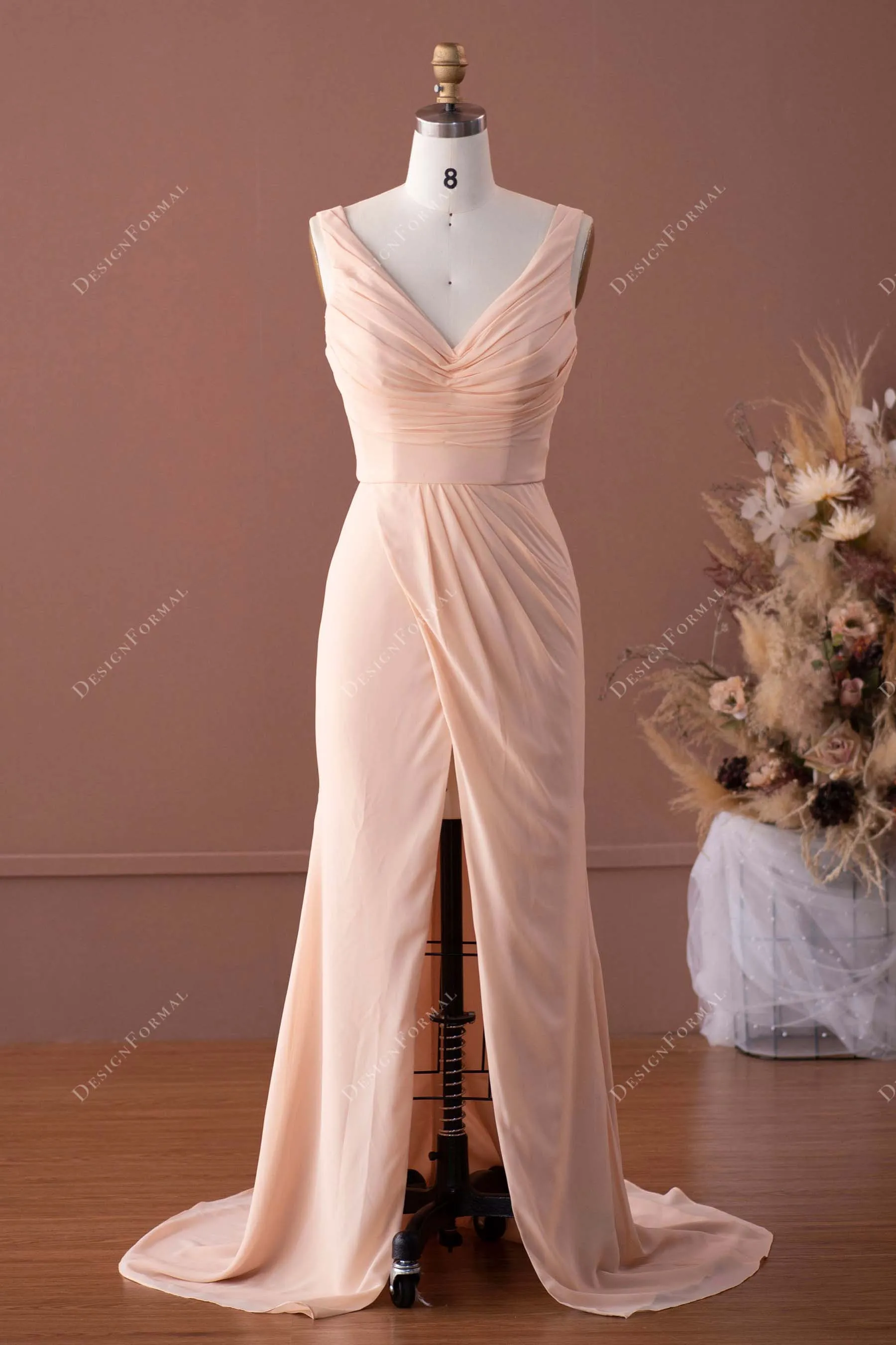 Plus size Peach Ruched Chiffon Wrap Sexy Slit Mermaid Formal Dress