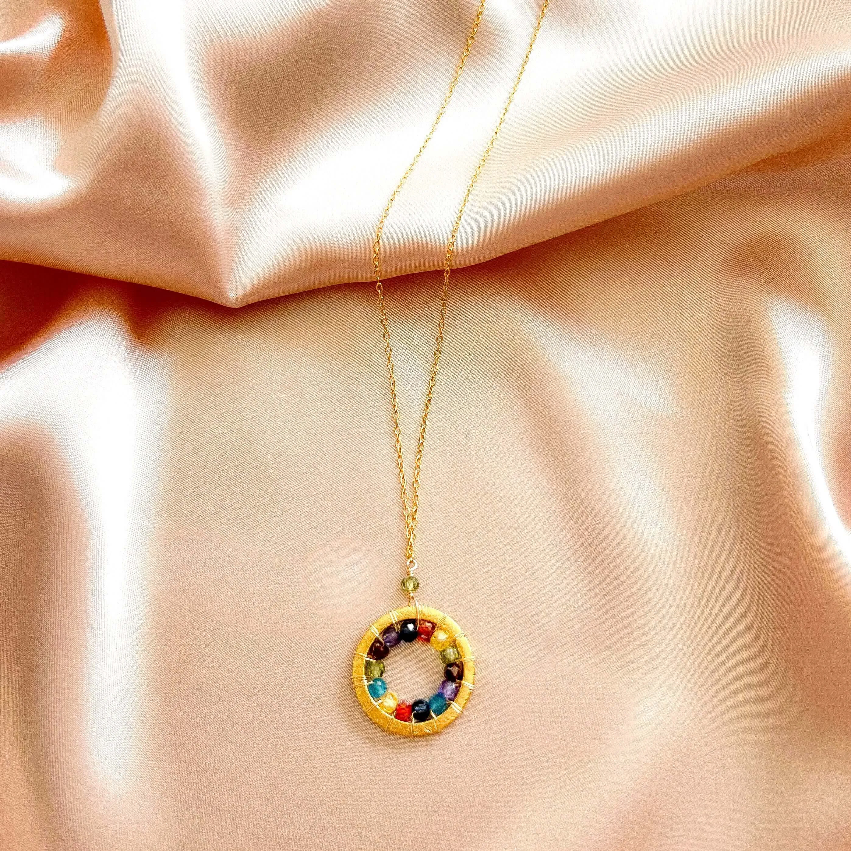 Rainbow Gemstone Halo Mini Gold Pendant