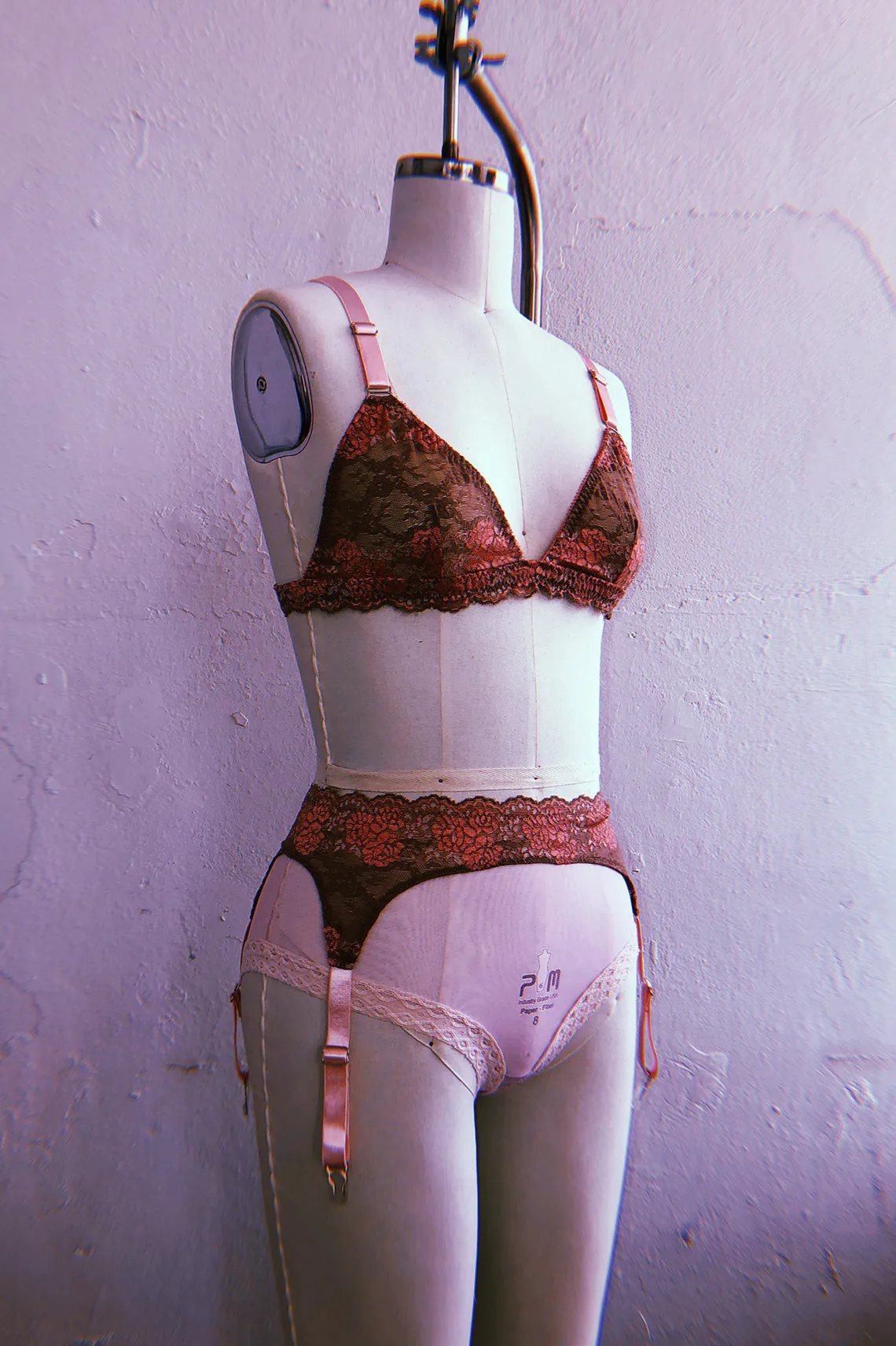 READY TO SHIP / Polaris Bralette in Pink and Brown Cross-Dye Lace (1M)