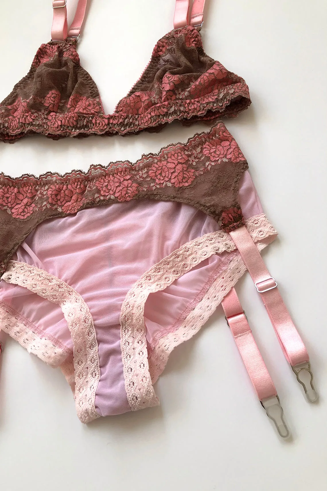 READY TO SHIP / Polaris Bralette in Pink and Brown Cross-Dye Lace (1M)