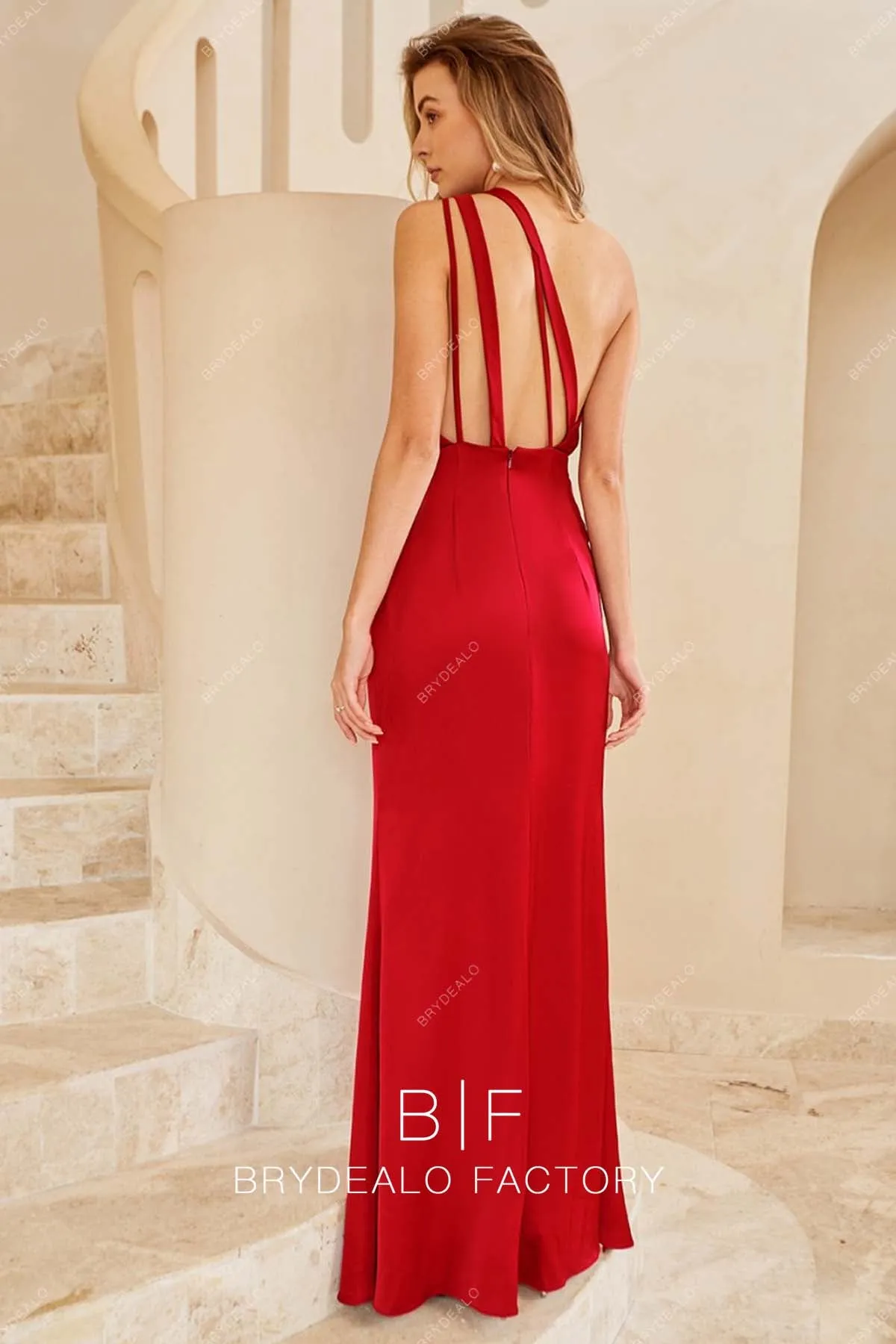 Red One Shoulder Charmeuse Slit Floor Length Dress