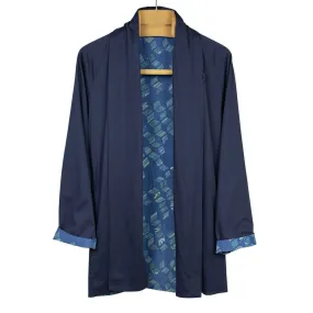 Reversible indigo dyed kimono jacket with marble print