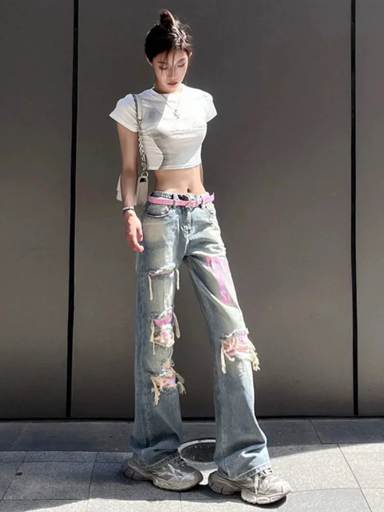 Ripped Jeans Women Baggy Vintage Wide Leg Straight Denim Pants