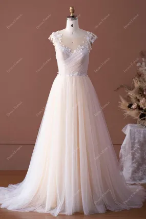 Romantic Lace Cap Sleeve Champagne Ruched Tulle Boho Bridal Gown