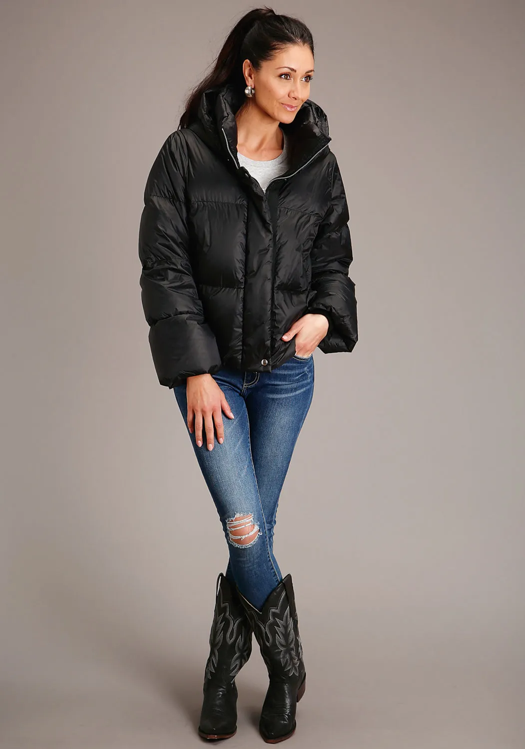 Roper Womens Black Nylon Hooded Down Puffer Coat