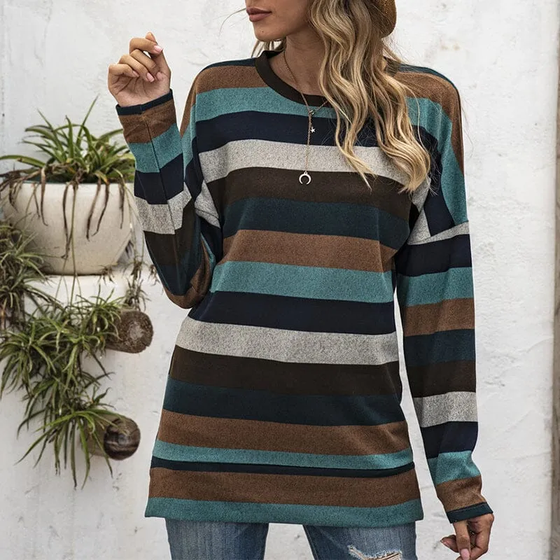 Round Neck Striped All-match Sweatshirt