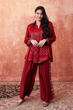 Ruby Red Ajrakh Printed Habutai Silk Co-Ord Set