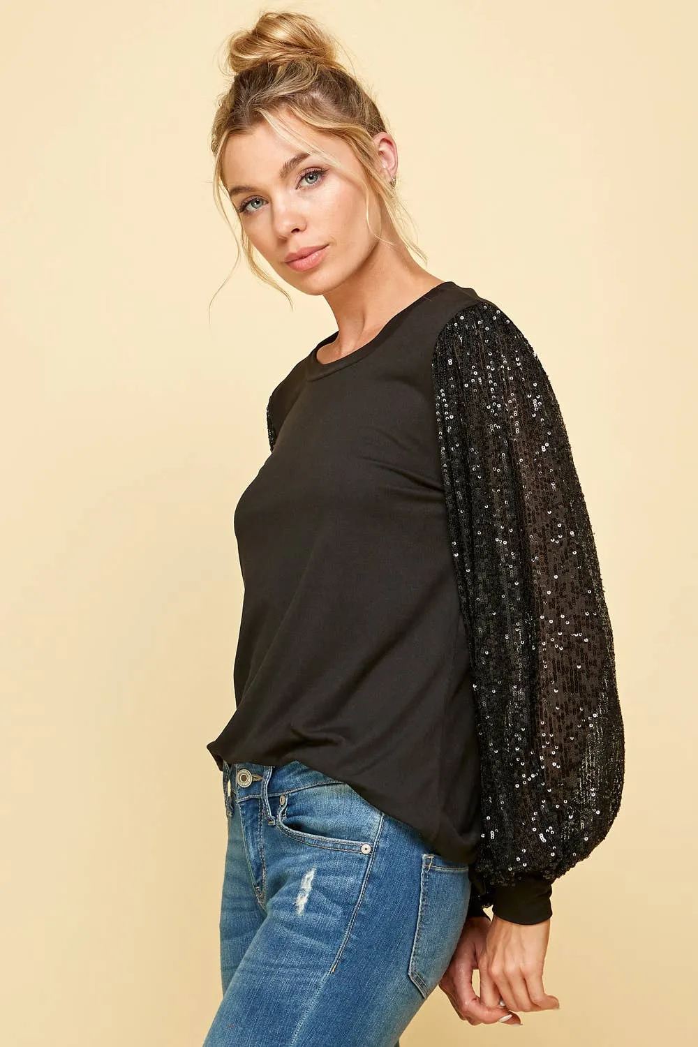 Sequin Splicing Long Sleeve Blouse